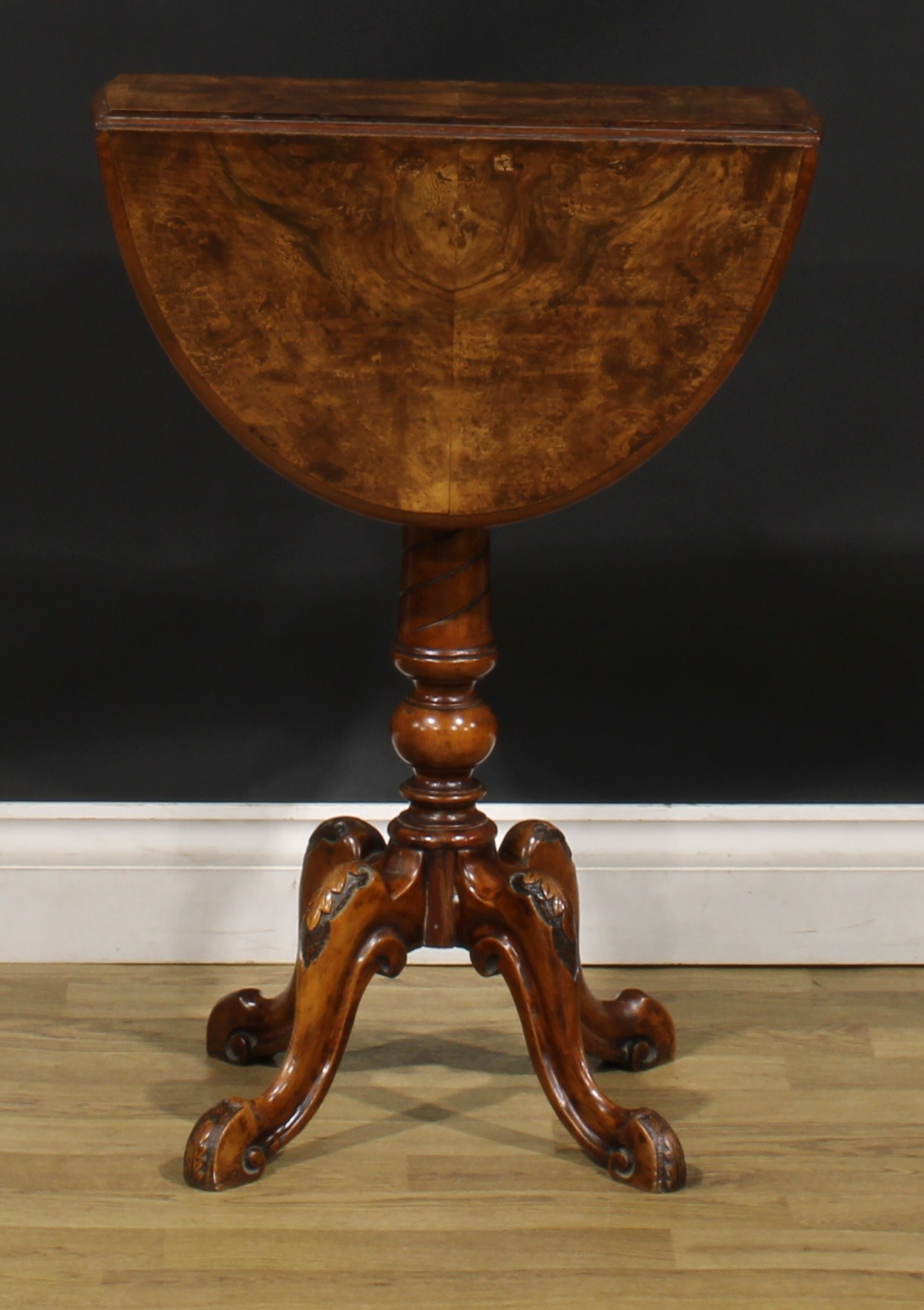 A Victorian walnut occasional table, quarter-veneered oval top with moulded edge and fall leaves, - Image 3 of 7