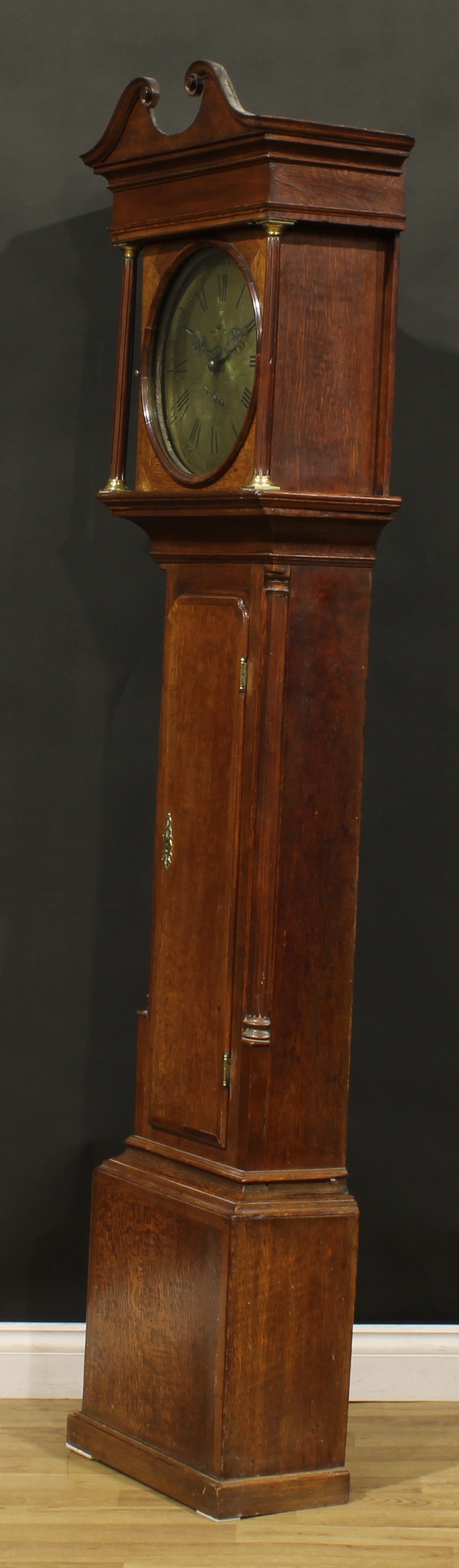 A George III oak longcase clock, 33cm circular brass dial inscribed Wainwright, Nottingham, Roman - Image 3 of 6