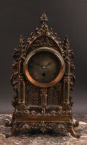 A Gothic Revival mantel timepiece, 7cm silvered clock dial inscribed with Arabic numerals, single