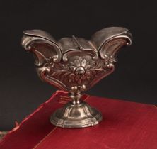 An Italian silver pedestal liturgical incense boat, chased with flowers and C-scrolls, twin hinged