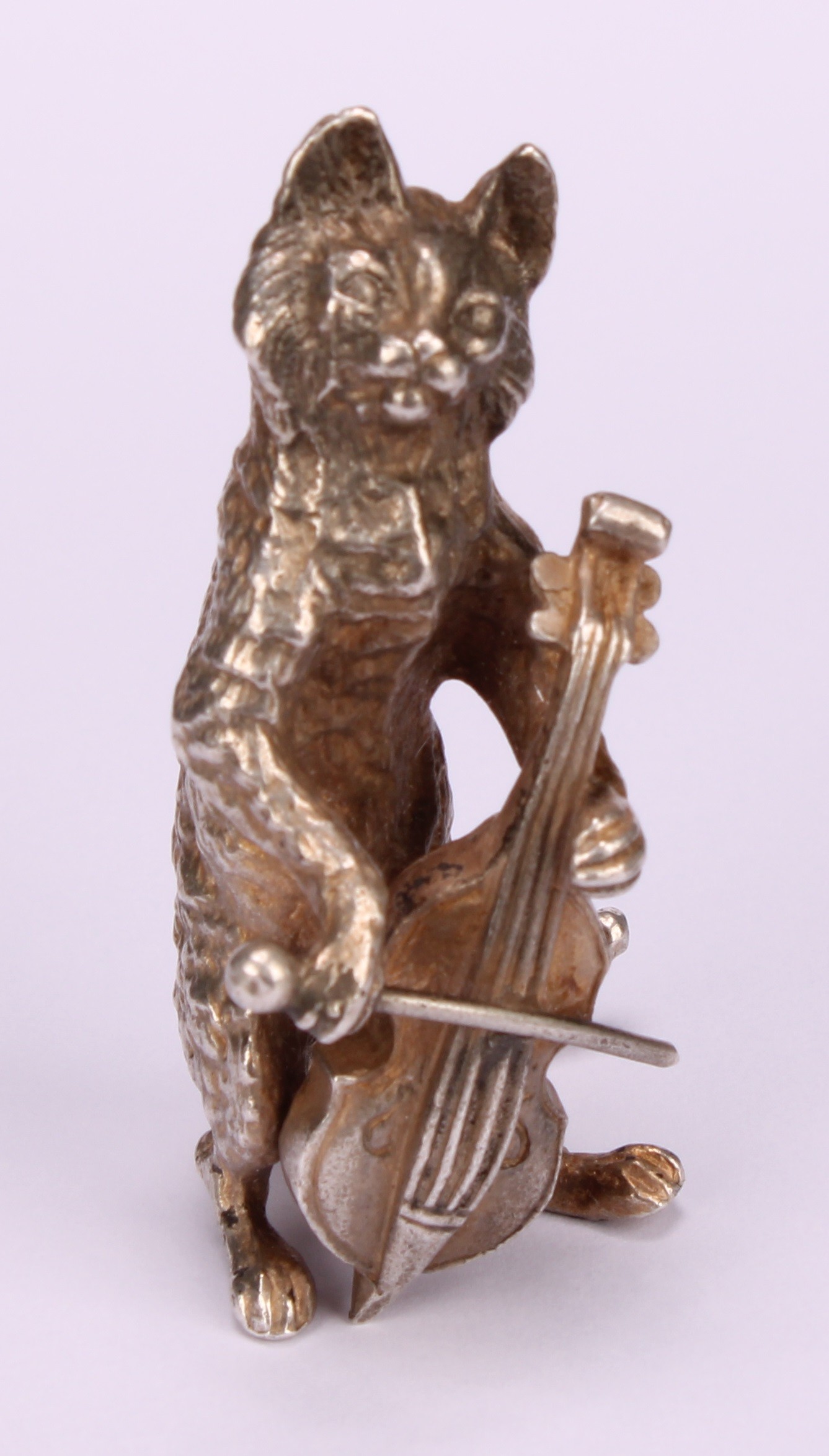 An Elizabeth II silver novelty miniature model, cast as a cat playing a cello, 6cm high - Image 2 of 5