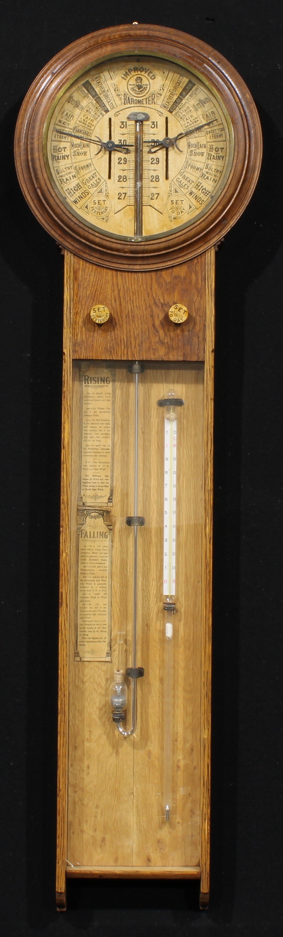 An early 20th century oak Royal Polytechnic type barometer, in the manner of Admiral Fitzroy, 25cm