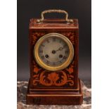 A 19th century French rosewood and marquetry carriage type mantel clock, 8cm silvered dial inscribed