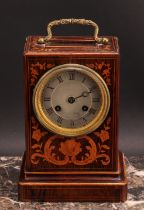 A 19th century French rosewood and marquetry carriage type mantel clock, 8cm silvered dial inscribed