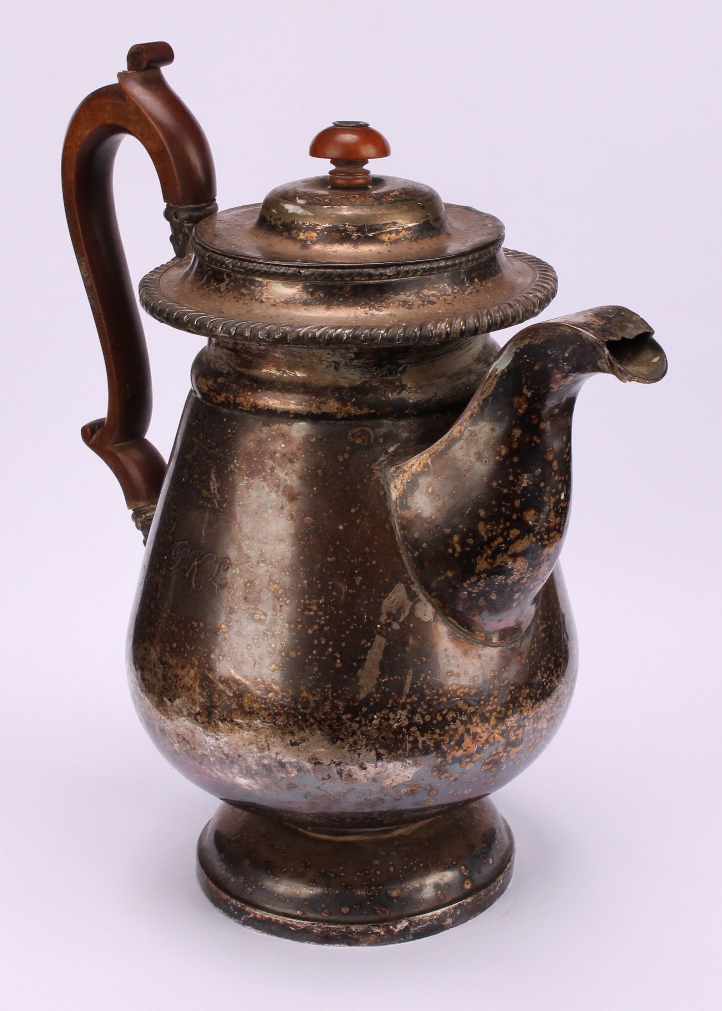A George IV Old Sheffield Plate hot water jug, hinged cover, gadrooned borders, fruitwood - Image 3 of 5