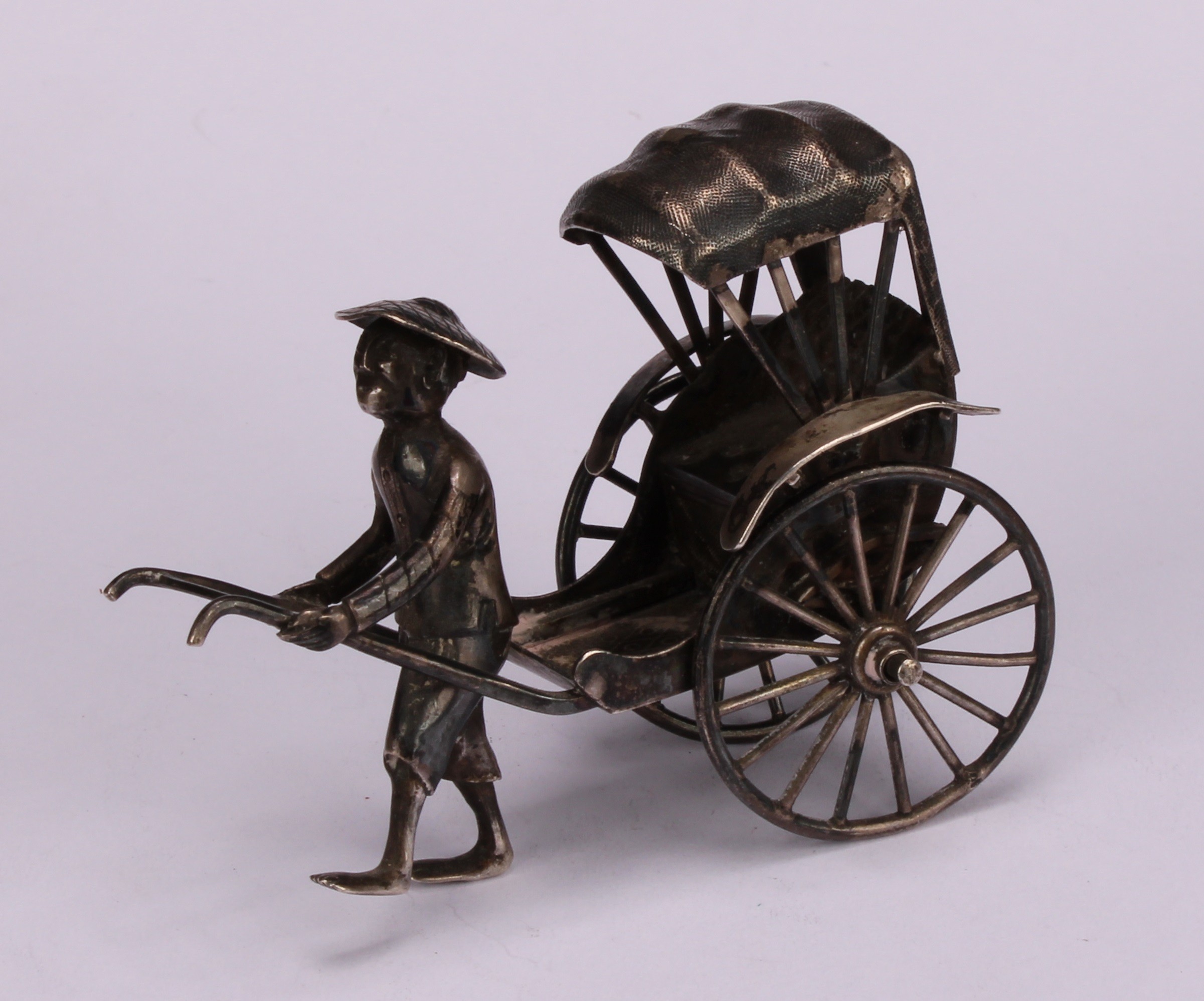 A Chinese silver miniature model, of a rickshaw, 7cm long, Wang Hing & Co, Hong Kong, c.1910; others - Image 5 of 8