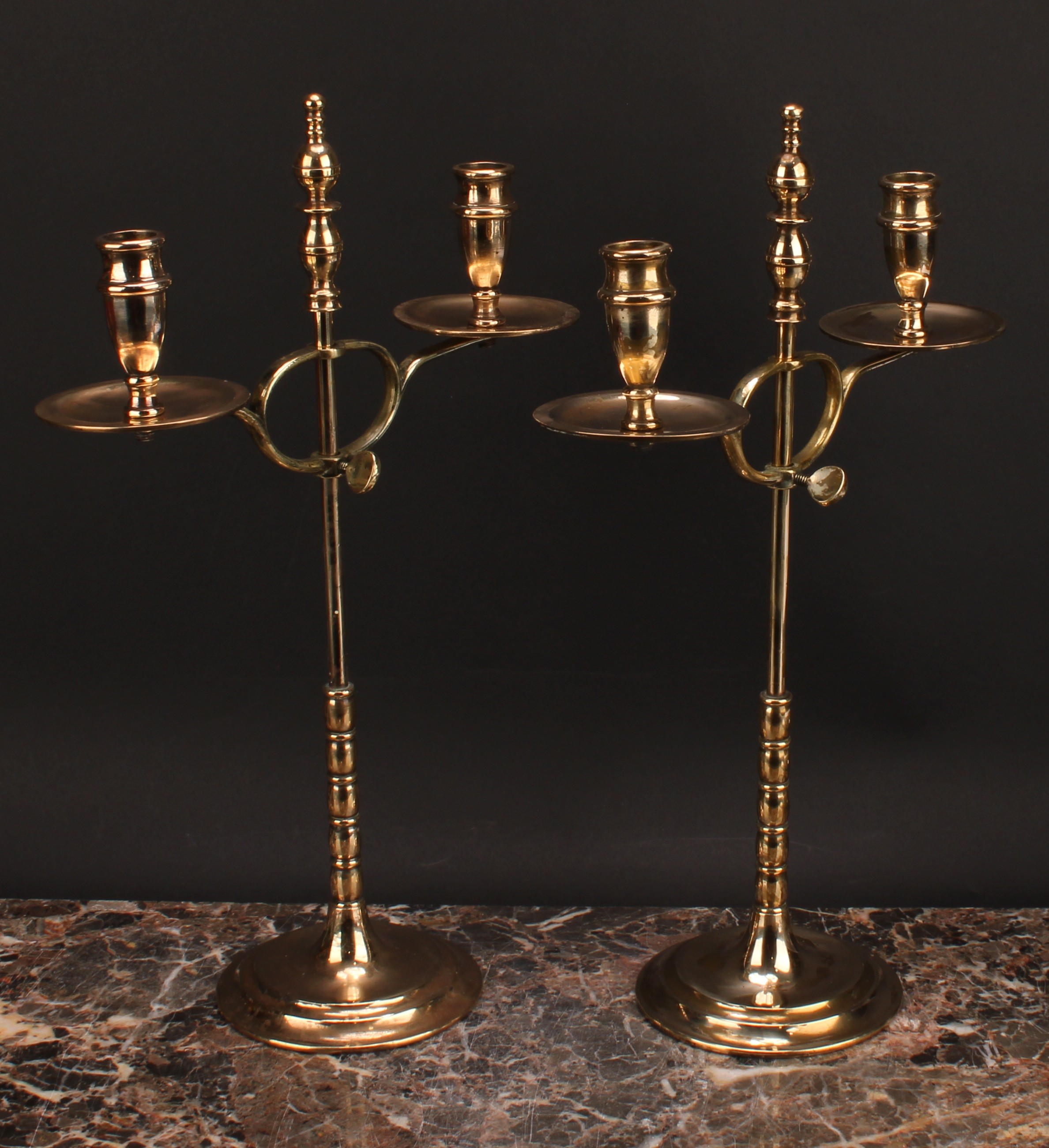 A pair of early 20th century brass two-light adjustable candelabra, orb-and-knop finiasls, broad - Image 3 of 3