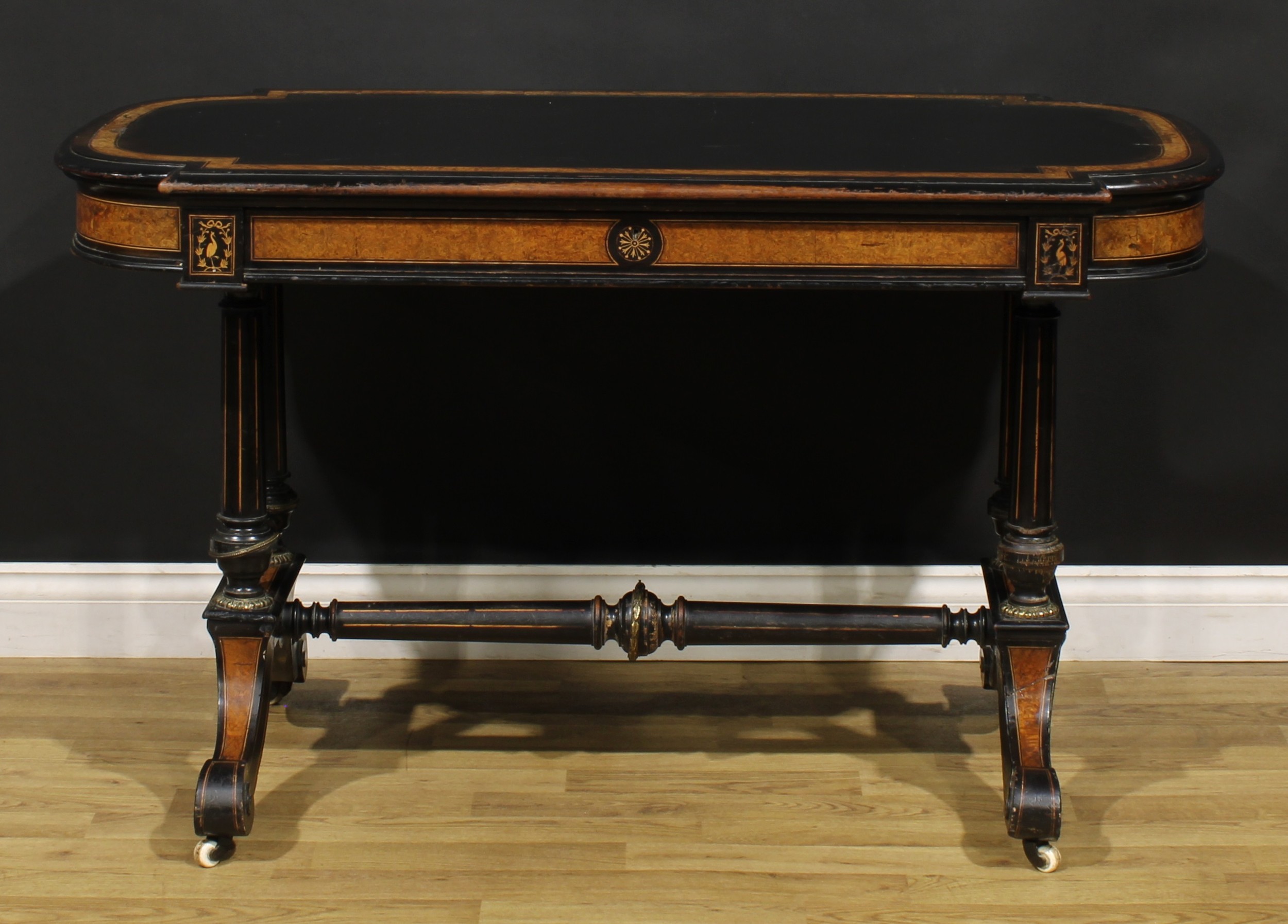 A Victorian amboyna banded ebonised library table, slightly oversailing top with moulded edge - Image 2 of 6