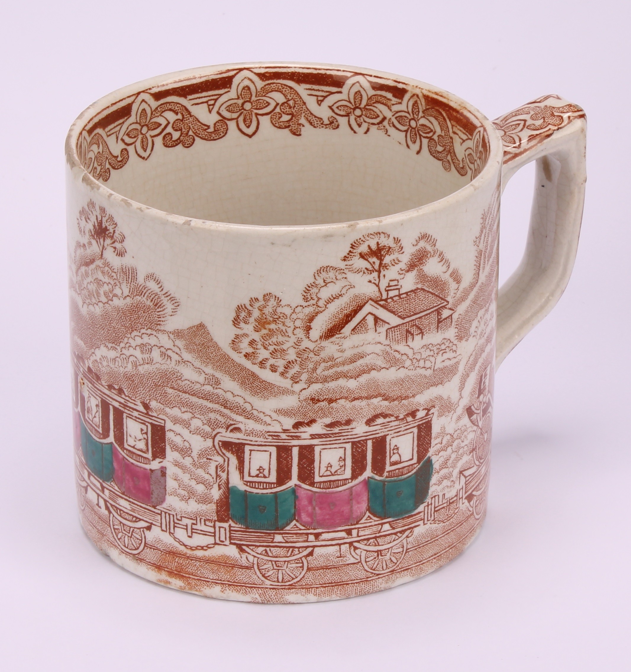 Railway Interest - steam locomotives, a 19th century Staffordshire pearlware mug, printed in sepia - Image 8 of 10