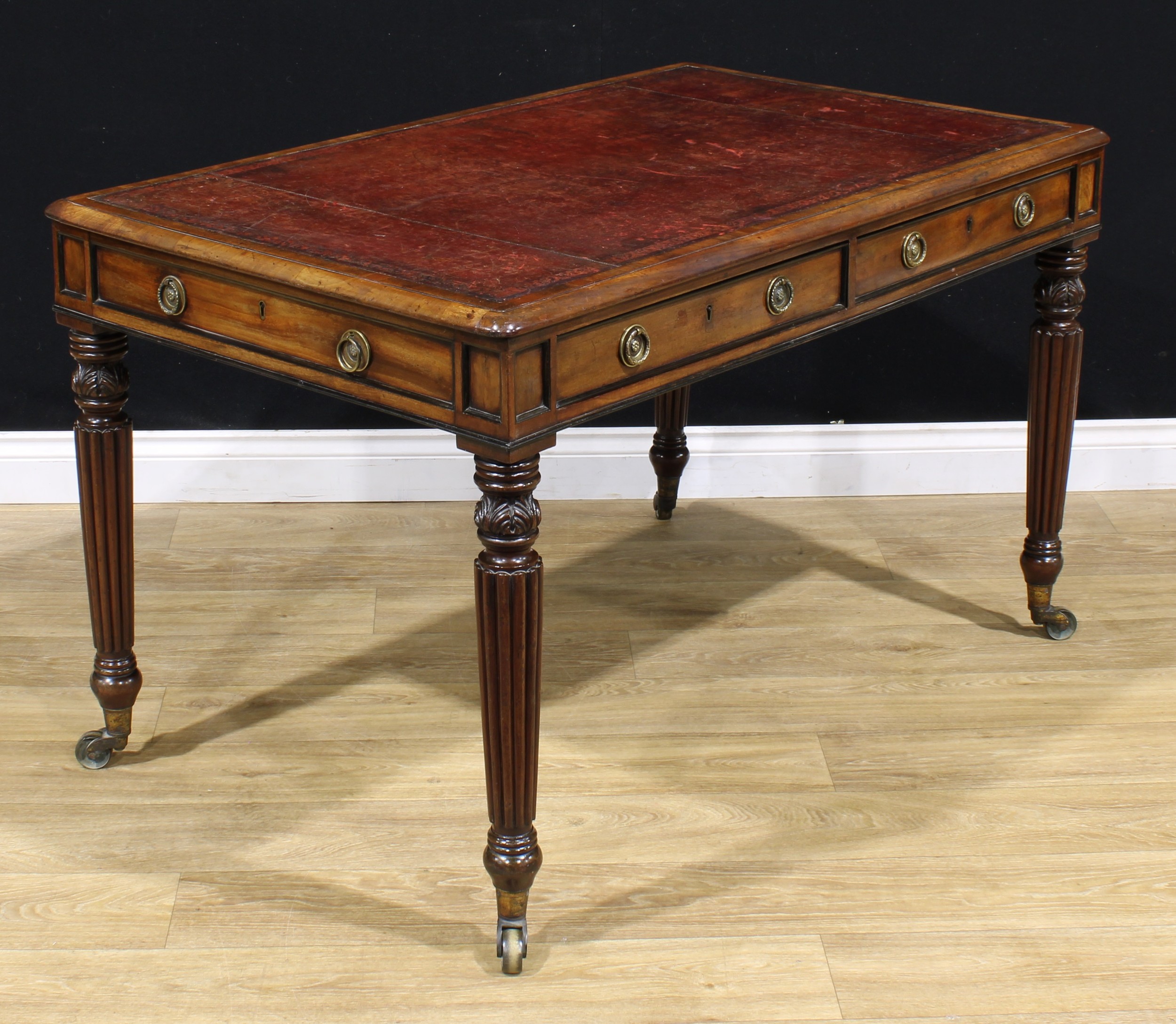 A George IV mahogany room centre library writing table, rounded rectangular top with inset tooled - Image 3 of 6