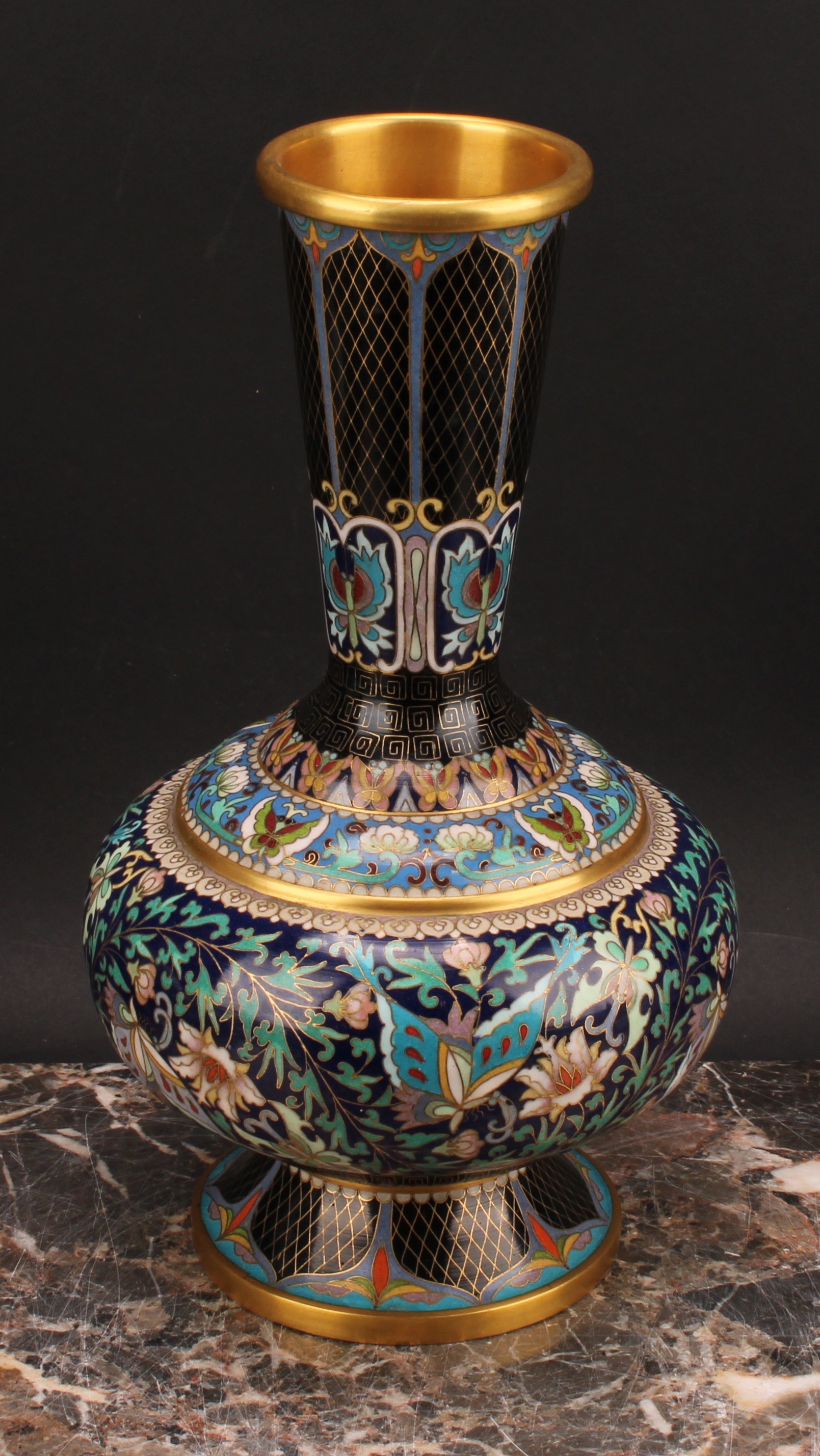 A pair of Chinese cloisonne enamel ovoid pedestal vases, brightly decorated in polychrome with - Image 5 of 6