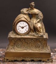 A late 19th century French brass figural mantel clock, 5.5cm circular enamel dial inscribed with