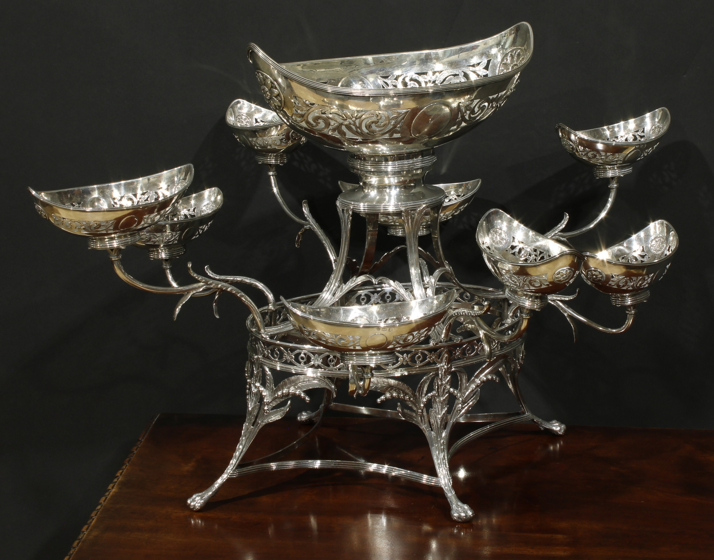 A George III silver table centrepiece epergne, central boat shaped dish above eight scroll - Image 2 of 6