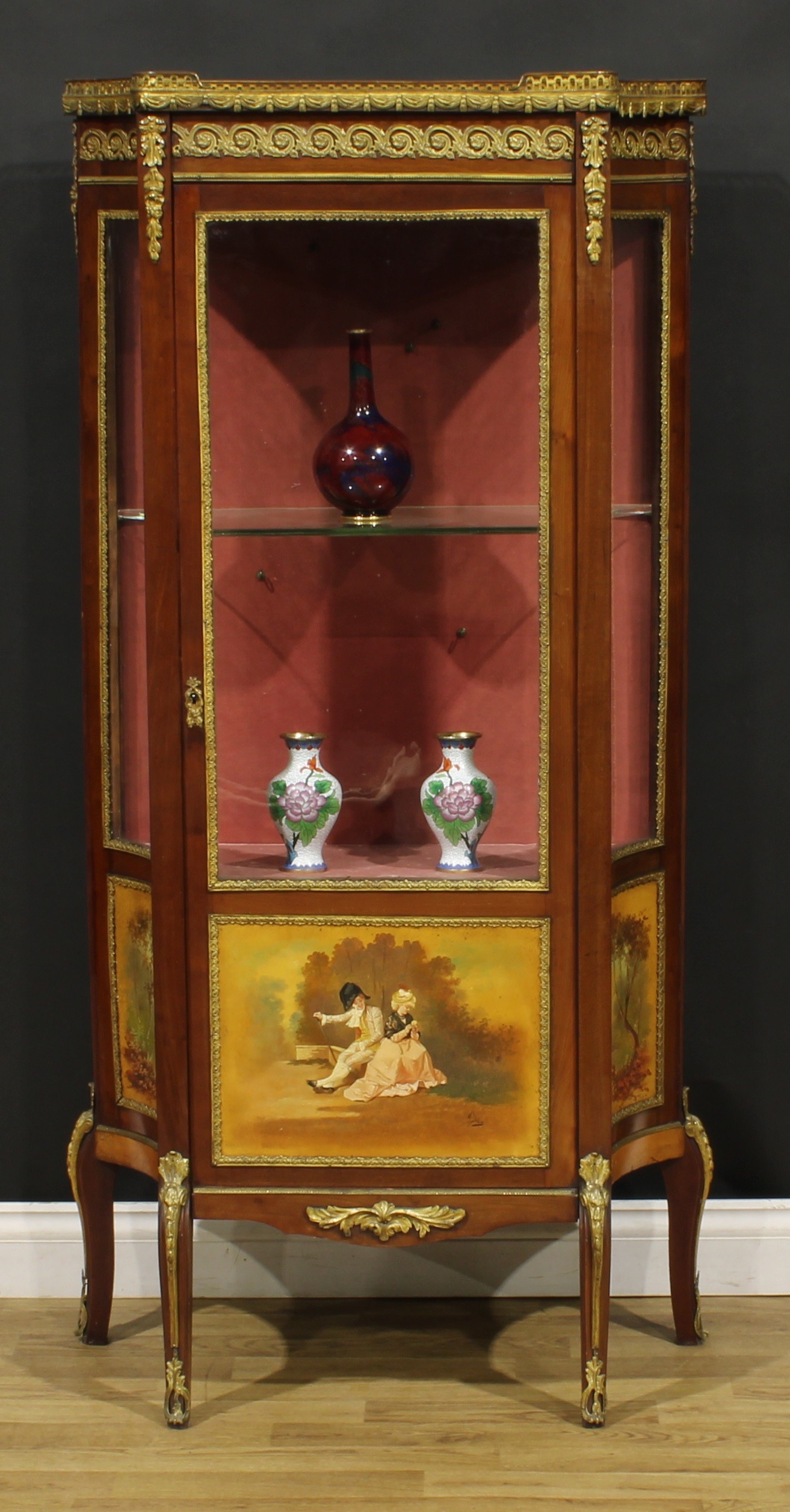 A Louis XV Revival gilt metal mounted vernis Martin vitrine, marble top with pierced gallery above a