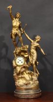 An early 20th century French gilt spelter figural table clock, Sauvetage, 7.5cm circular dial