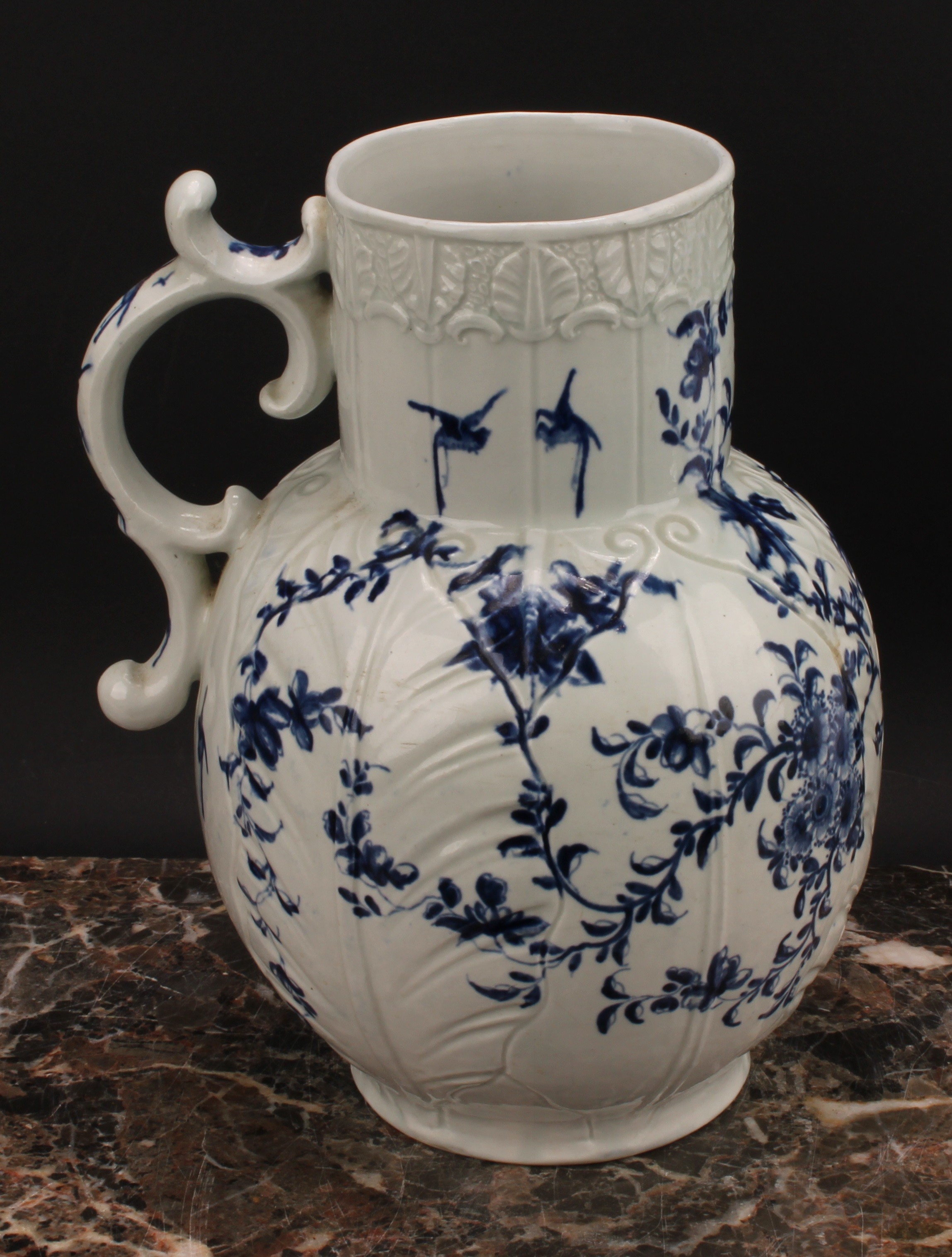 A Worcester Cabbage Leaf Jug Floral pattern Dutch jug, decorated in underglaze blue with scrolling - Image 2 of 4