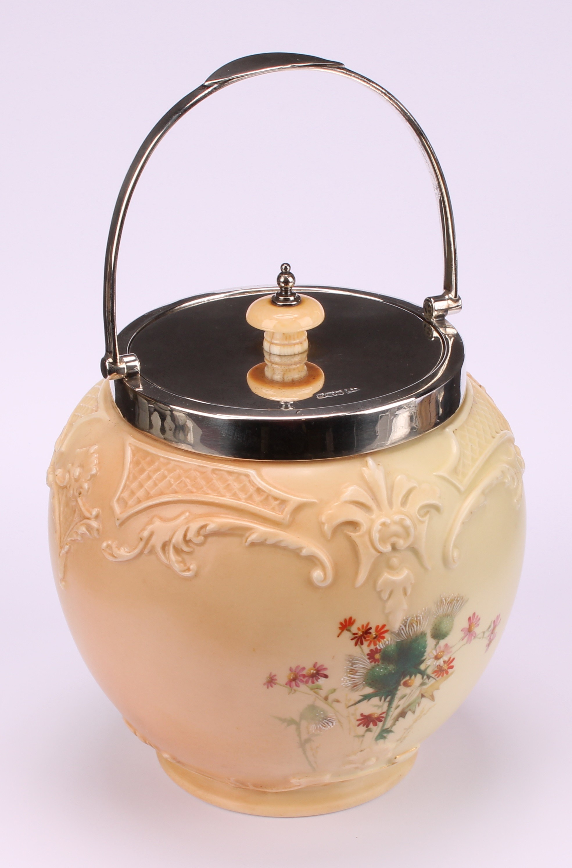 A Royal Worcester Hadley silver mounted ovoid biscuit barrel, moulded in relief and decorated in - Image 2 of 6
