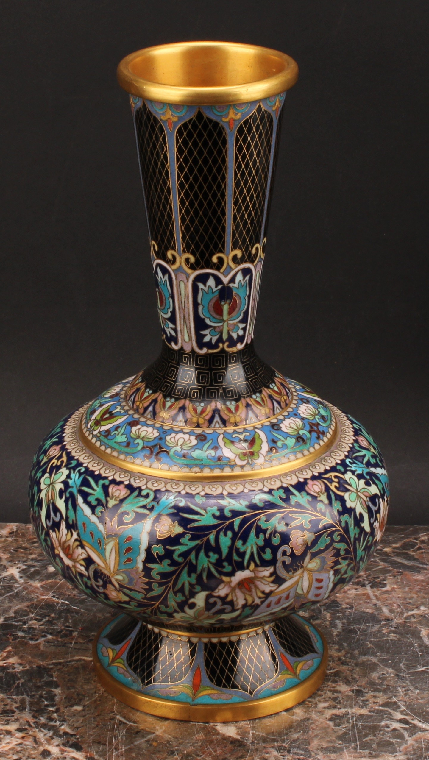 A pair of Chinese cloisonne enamel ovoid pedestal vases, brightly decorated in polychrome with - Image 4 of 6