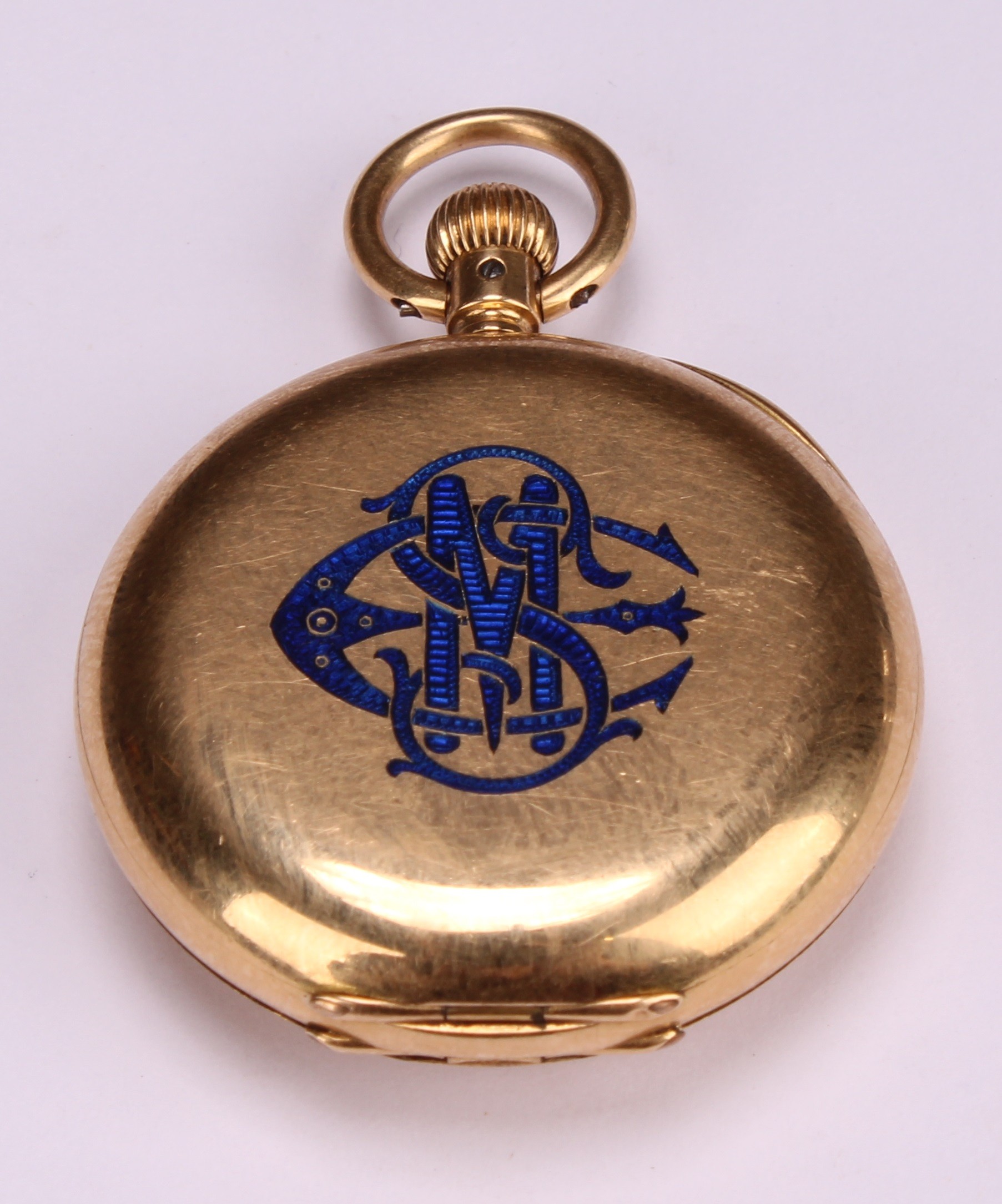 A lady's 18ct gold half hunter pocket watch, white enamel dial, Roman numerals, subsidiary seconds - Image 4 of 7