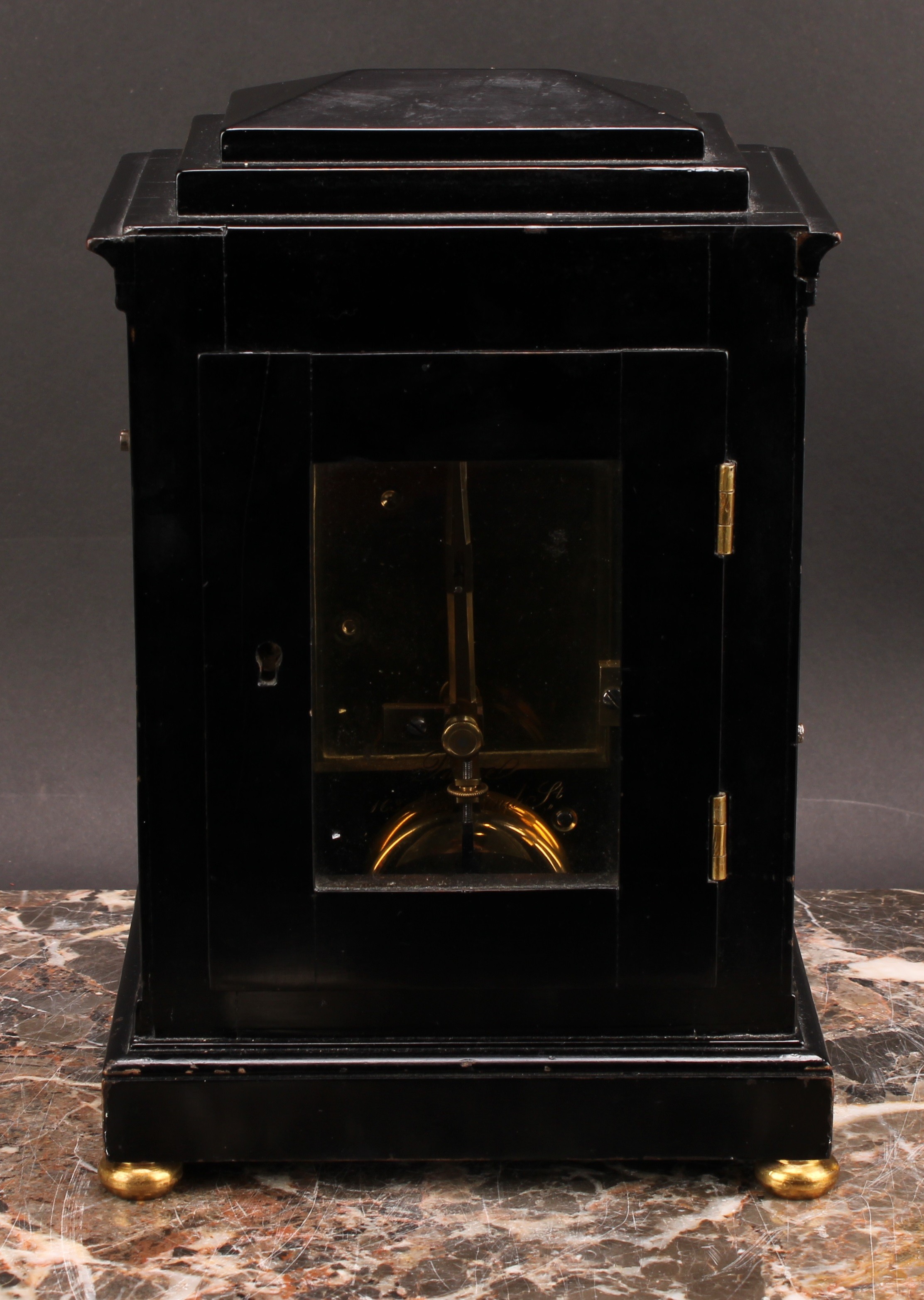 A 19th century ebonised bracket timepiece, of small proportions, 9.5cm engine turned gilt clock dial - Image 5 of 6
