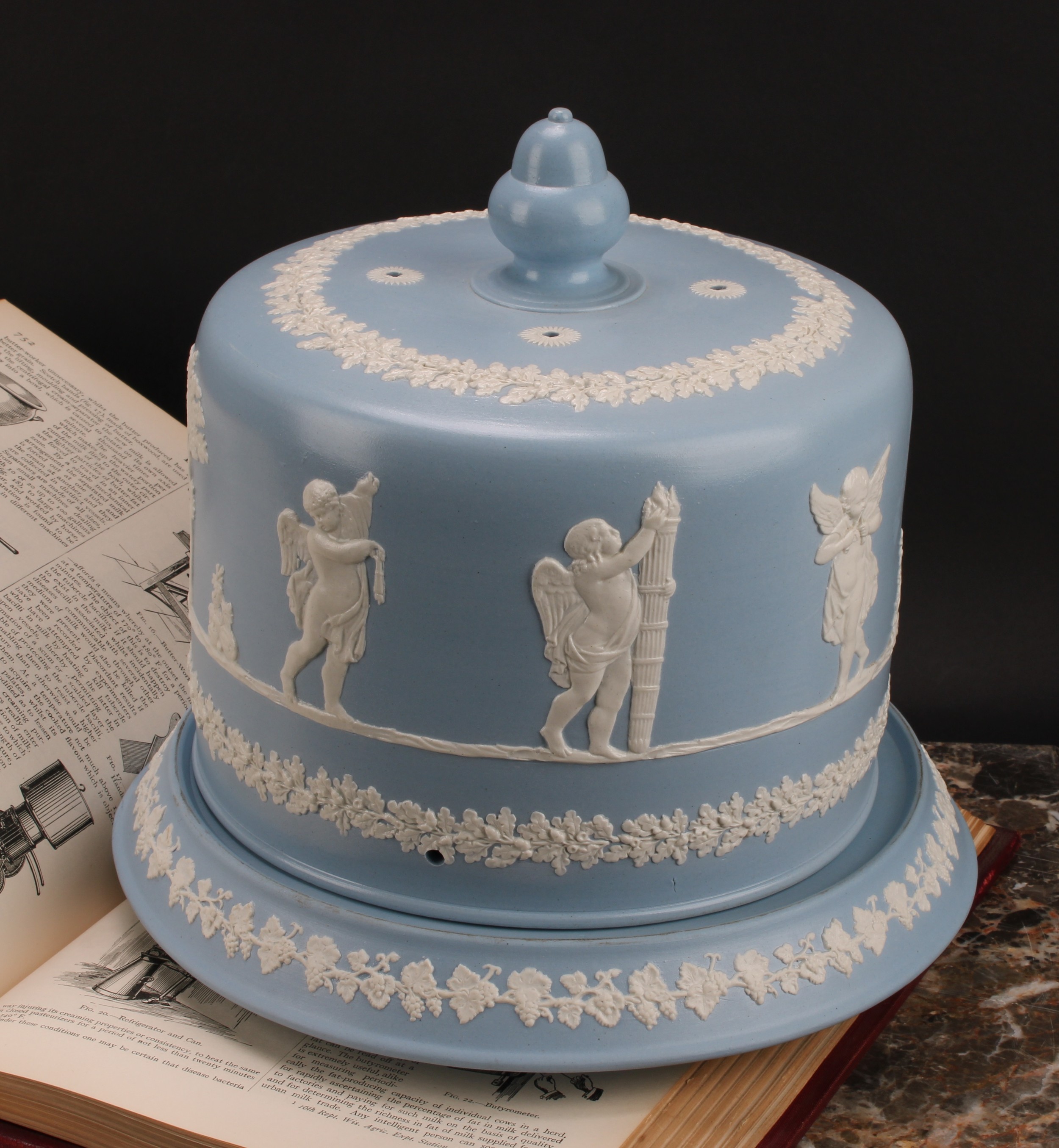 A late Victorian Staffordshire Jasperware cheese dome, probably James Dudson, sprigged in white