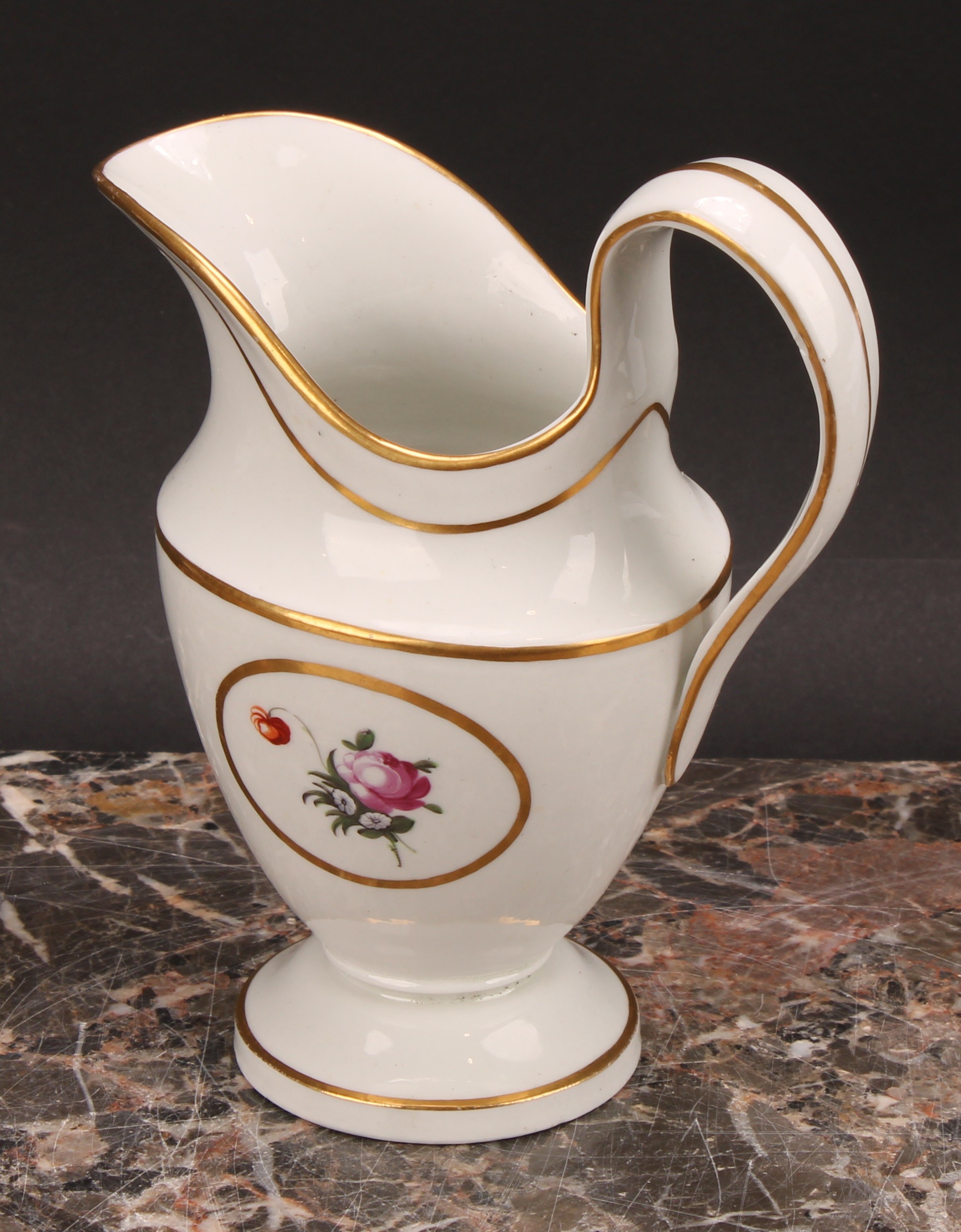 A Thomas Wolfe Factory Z helmet shaped cream jug, painted with flowers within an oval gilt - Image 10 of 12