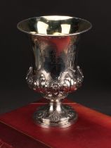 A large George IV silver campana goblet, chased with flowers and stigg acanthus, gilt interior,