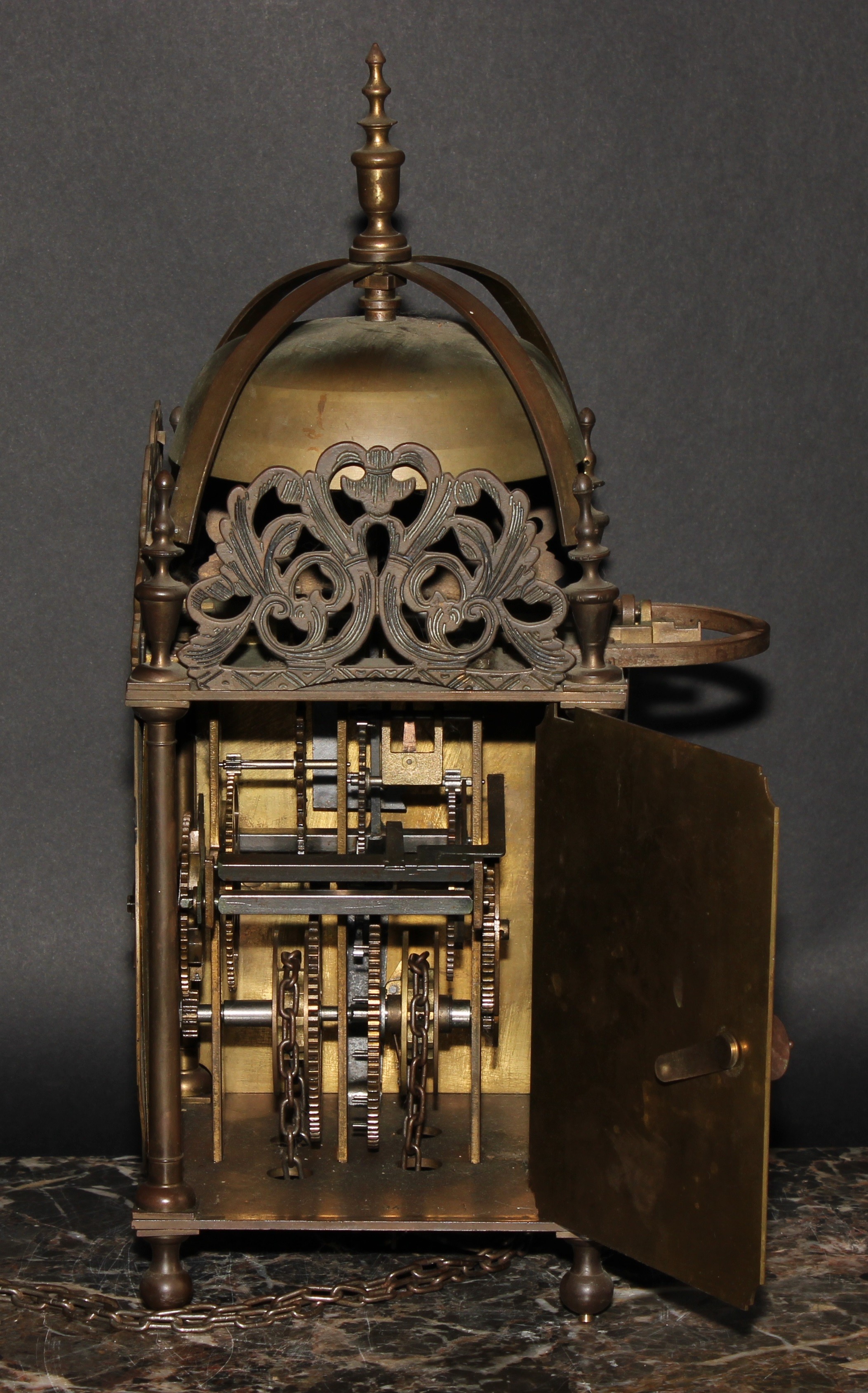 An early 18th century style brass lantern clock, 17cm dial inscribed Thomas Moore, Ipswich, Roman - Image 4 of 5