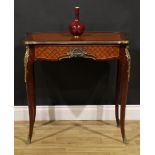 A Louis XV style parquet de Versailles room centre table, shaped hipped rectangular top above a long