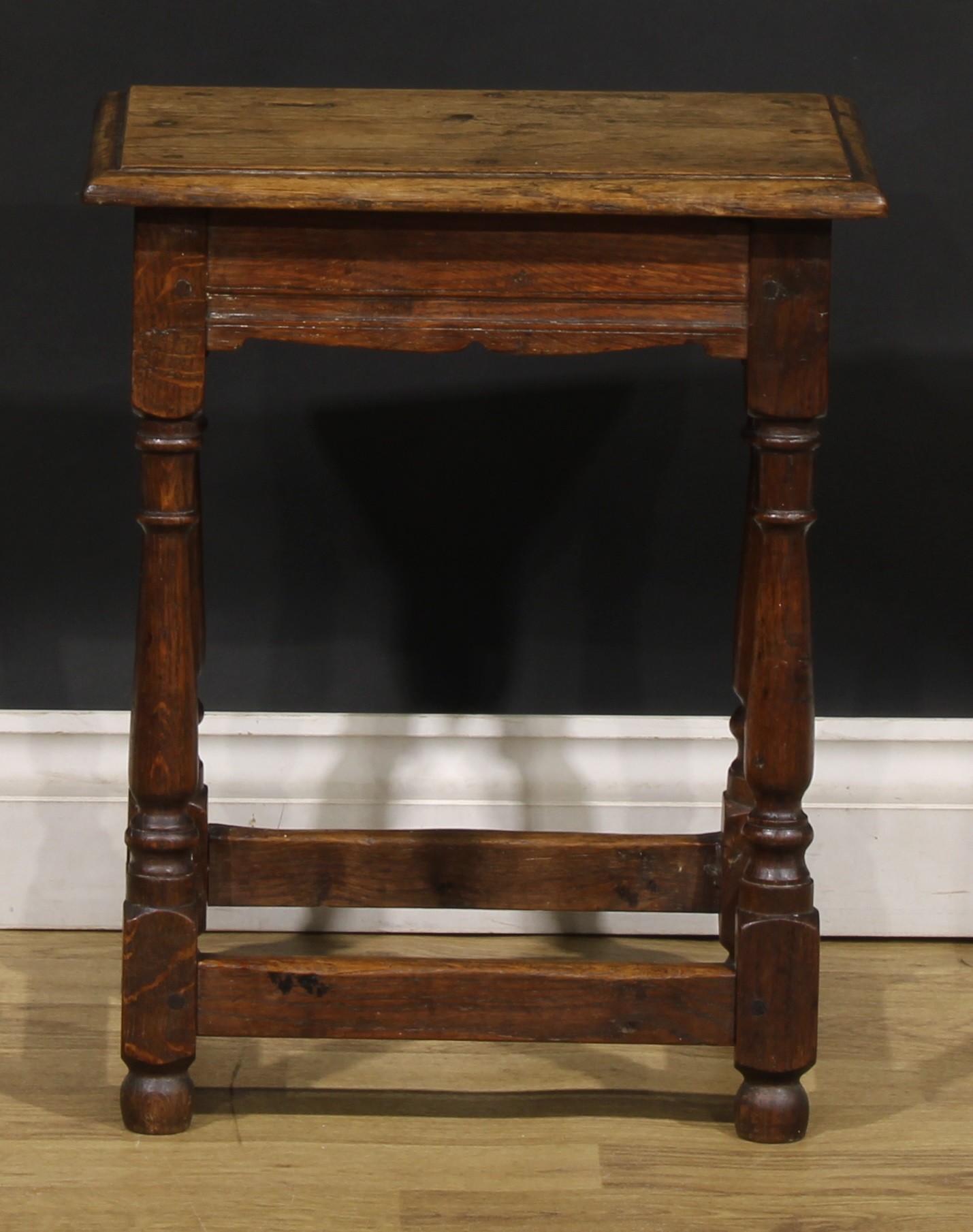 A 19th century oak joint stool, oversailing top above a moulded frieze, turned legs, plain - Image 4 of 4