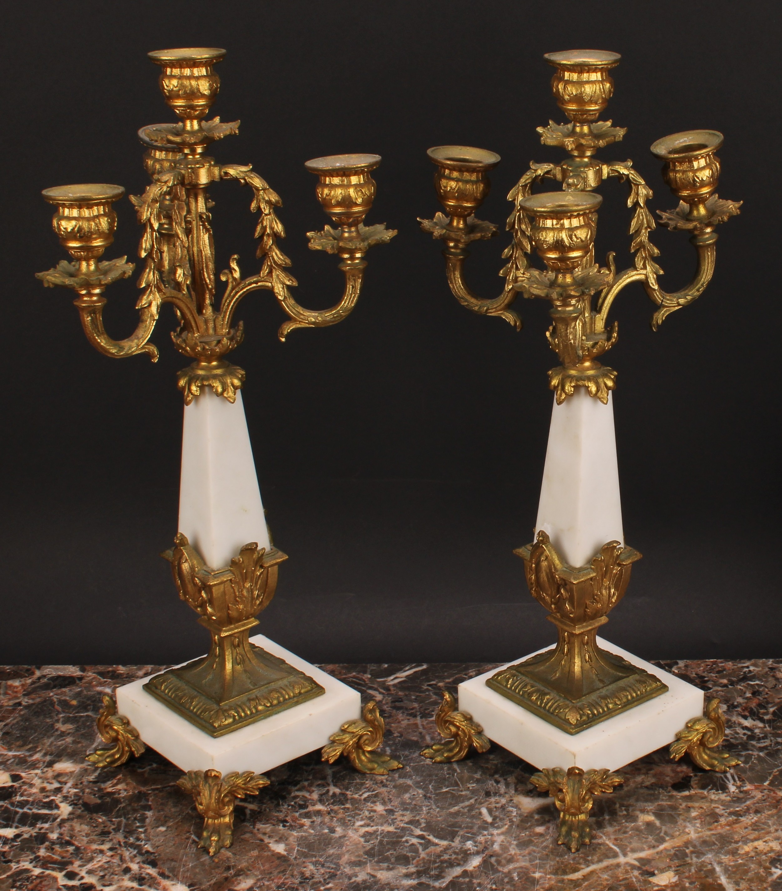 A pair or Louis XVI style gilt metal mounted three branch four light candelabrum, 38cm high - Image 3 of 4