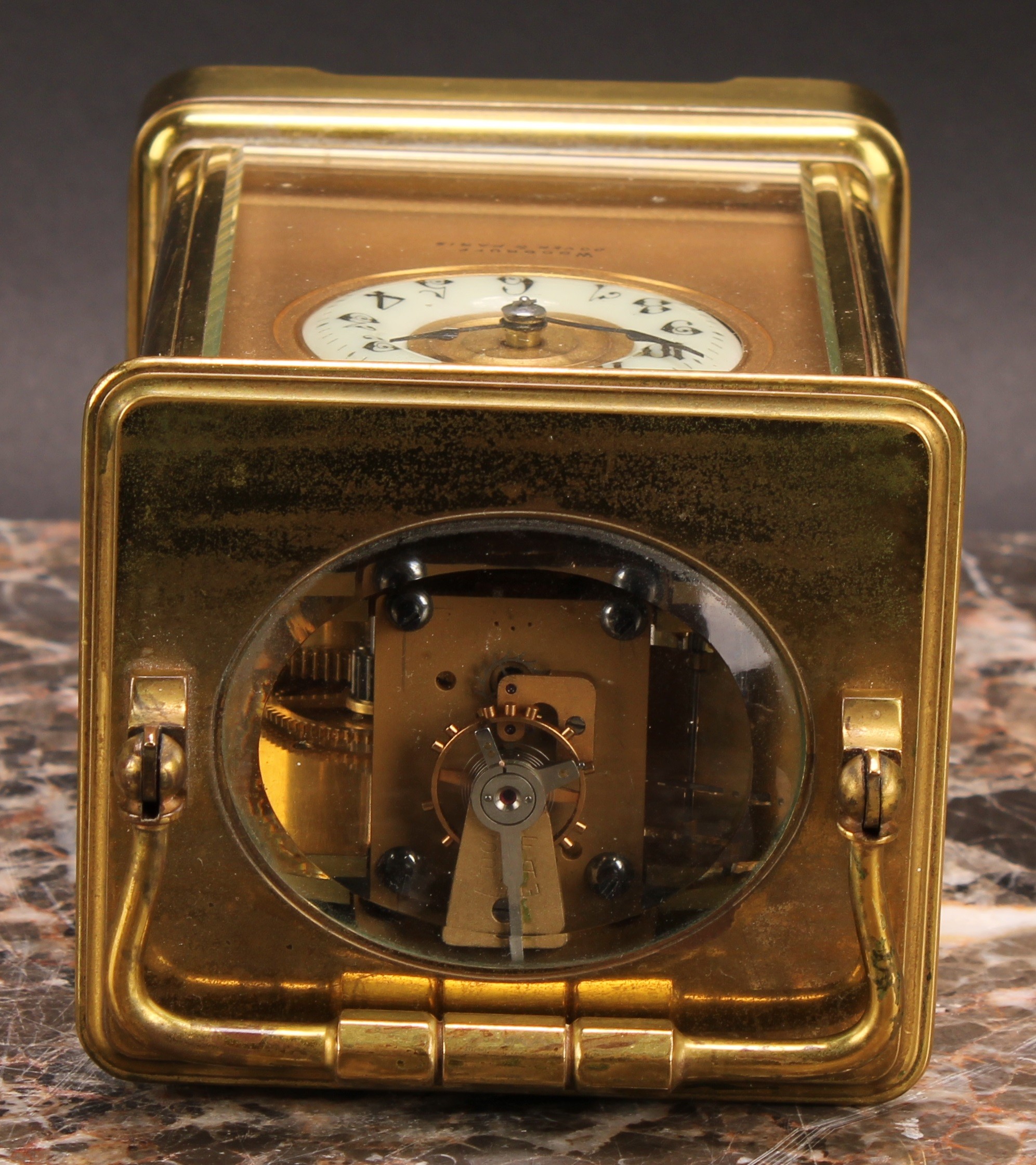 A late 19th century lacquered brass carriage clock, the gilt dial inscribed Woodruff, Dover & Paris, - Image 6 of 6