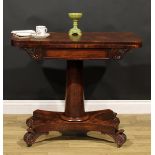 A George/William IV mahogany tea table, rounded rectangular folding top above a deep frieze carved