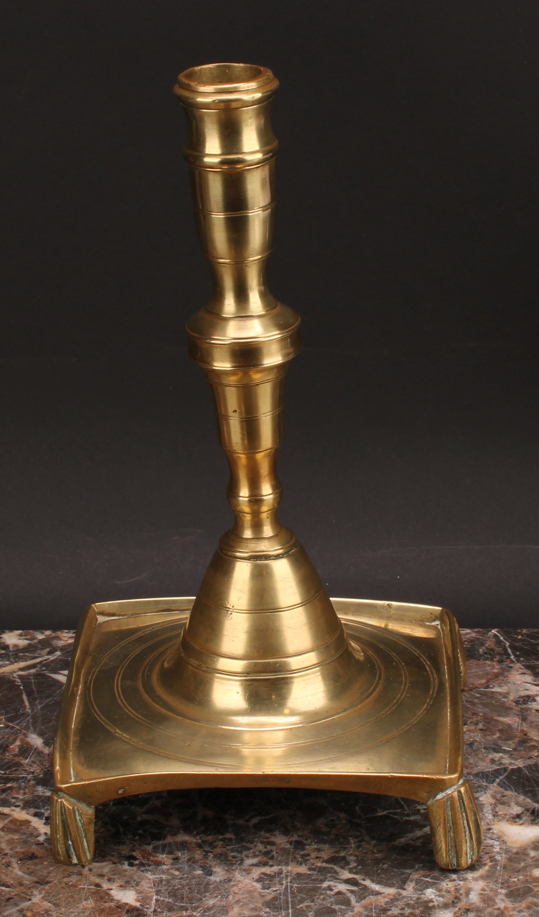 A Spanish brass tray base socket candlestick, knopped pillar, domed socle, fluted feet, 25cm high, - Image 2 of 3