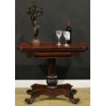 A George/William IV mahogany card table, hinged top enclosing a baize lined playing surface,