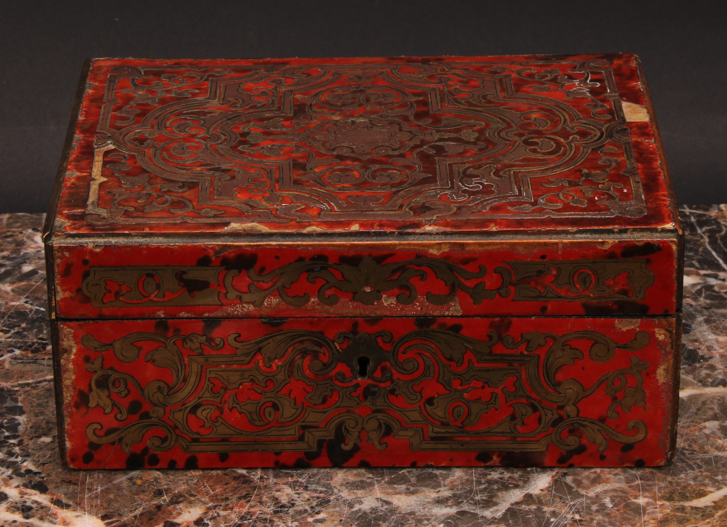 A 19th century Boulle and ebonised marquetry rectangular work box, hinged cover, labelled Halstaff & - Image 2 of 4