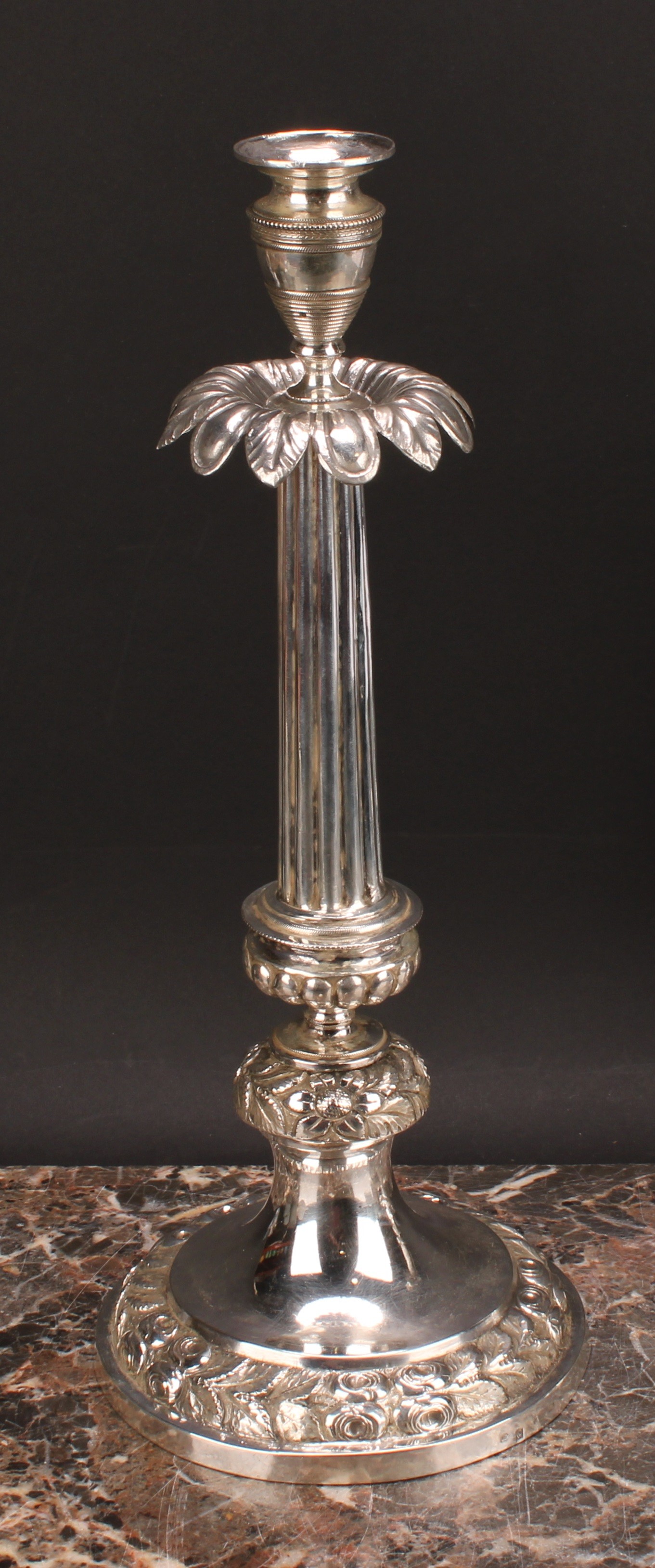 A pair of Italian silver table candlesticks, campana sconces, stiff leaf drip pans, fluted pillars - Image 3 of 6