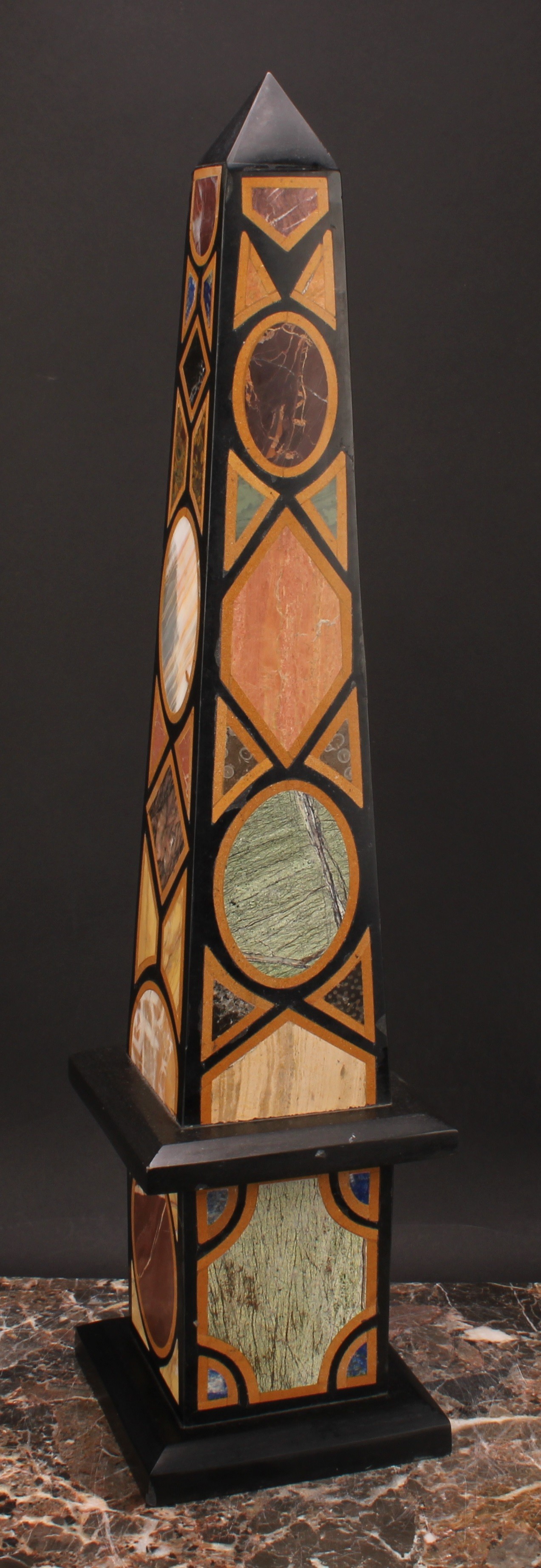 A large pietra dura library obelisk, inlaid with lapis lazuli and other specimen stones, square - Image 4 of 5