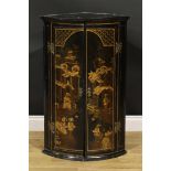 A George II chinoiserie bowfront corner cabinet, moulded cornice above a pair of doors decorated