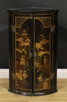 A George II chinoiserie bowfront corner cabinet, moulded cornice above a pair of doors decorated