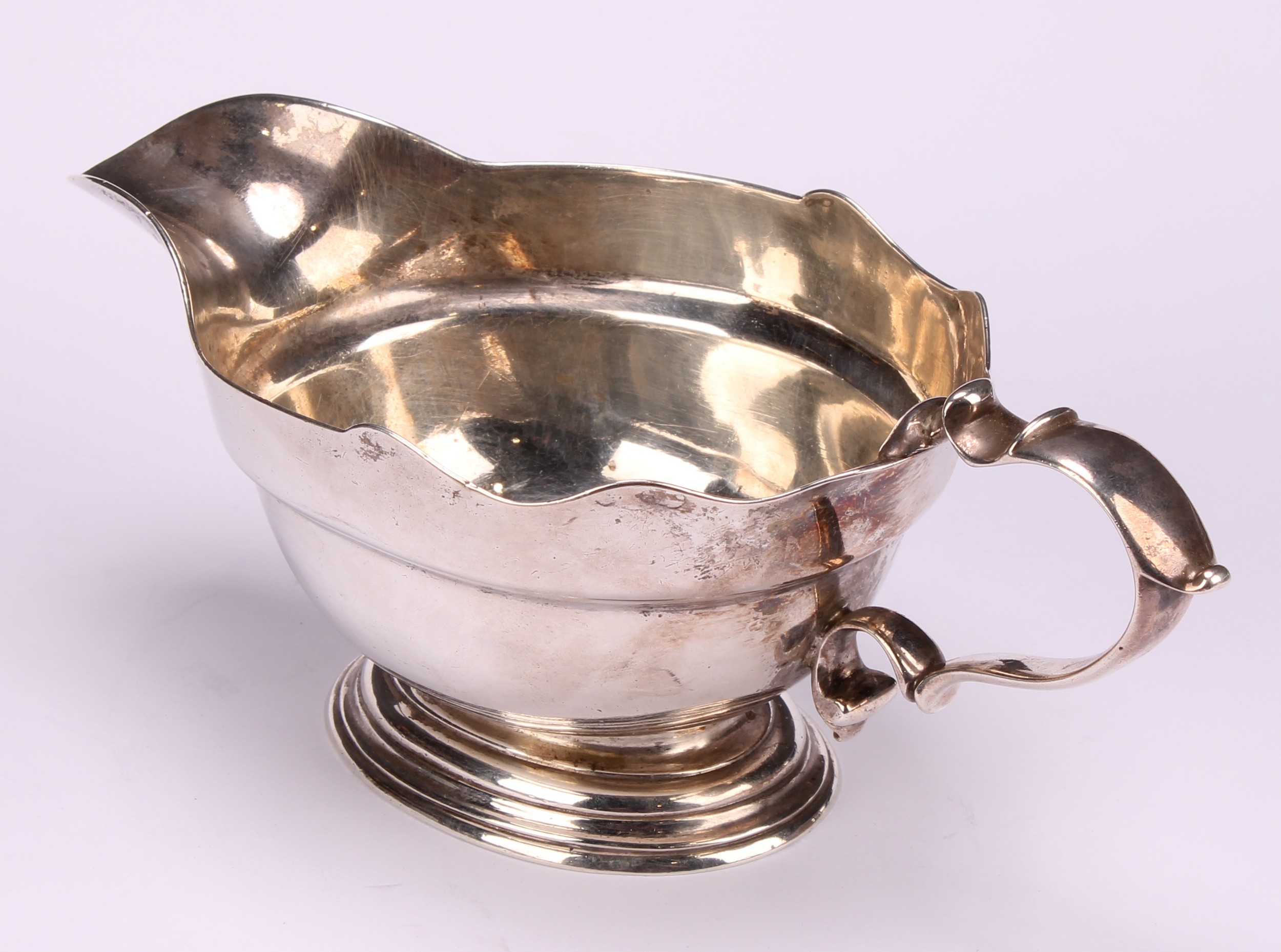 A pair of early George II silver sauce boats, wavy borders, scroll handles, cast bases, 19.5cm long, - Image 7 of 8