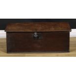 An 18th century oak six-plank boarded table box, hinged top, iron hasp and lock plate, 30cm high,