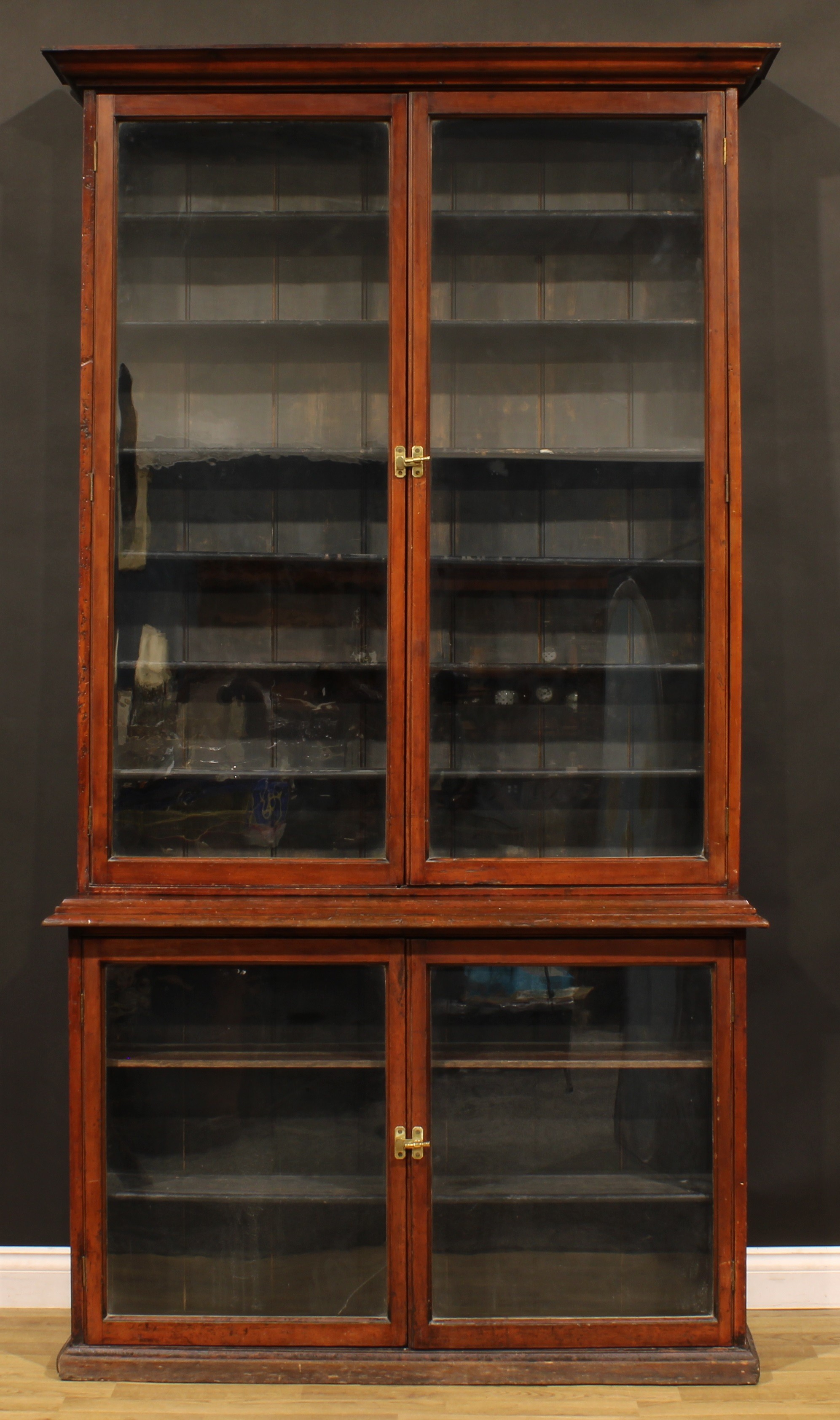 A late Victorian mahogany shop display case or library bookcase, moulded cornice above a pair of - Image 2 of 2