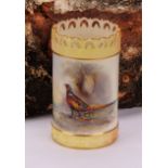 A Royal Worcester cylindrical vase, painted by Jas Stinton, signed, with pheasant in a landscape,
