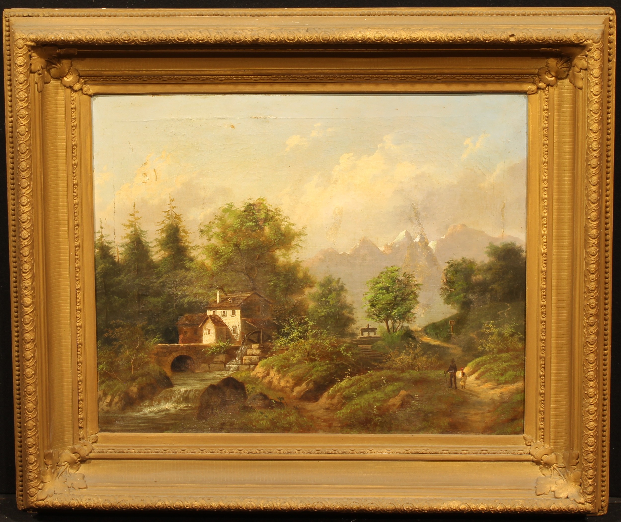 Continental School (19th century) Figures in a landscape with water mill and wine press, oil on - Image 2 of 3