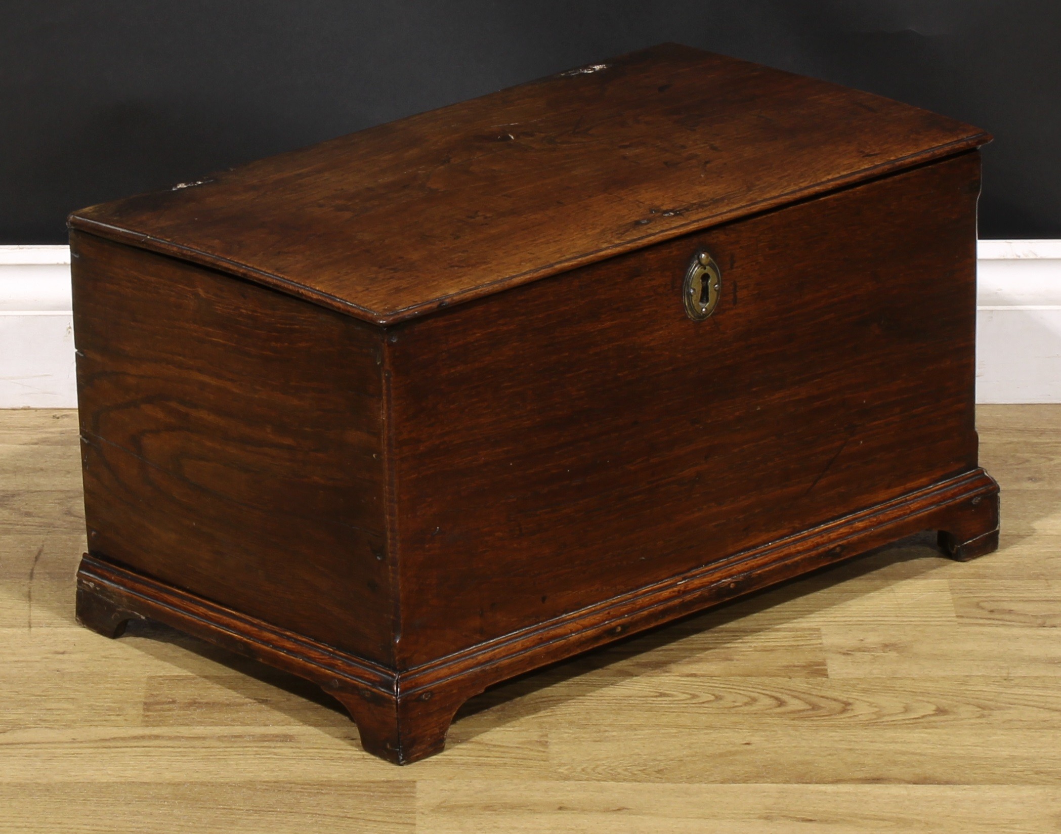 A George III oak table box six plank boarded table box, hinged cover, bracket feet, 29.5cm high, - Image 2 of 4