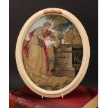 A George III needlework picture, Fame at the tomb of Shakespeare, after Angelica Kauffman, oval,