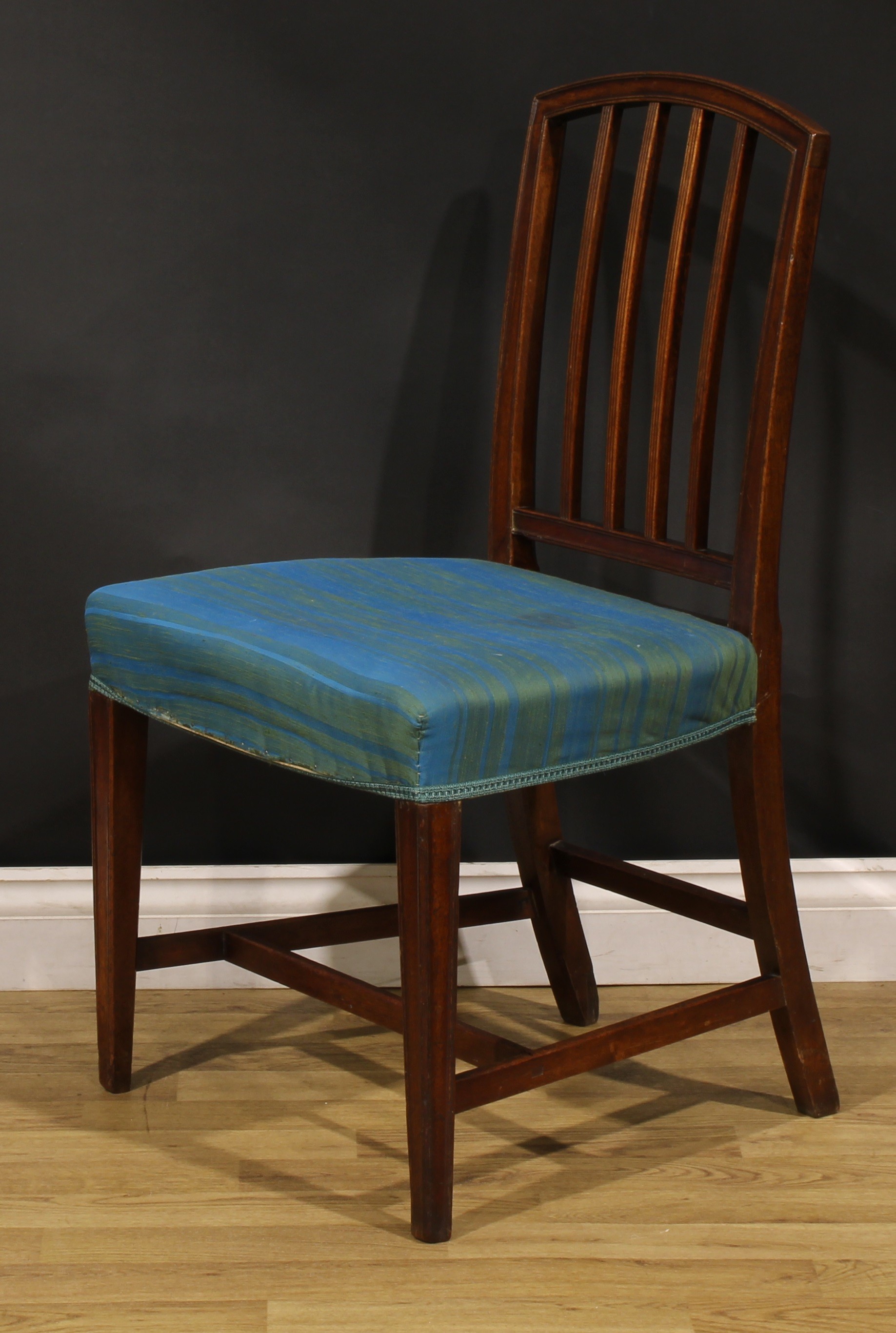 A set of six George III mahogany dining chairs, each arched back with four reeded splats, - Image 4 of 5