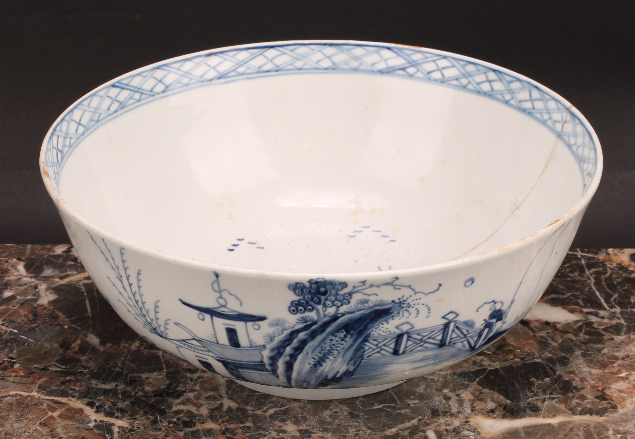 A Chaffers Liverpool punch bowl, painted in Chinoiserie style in underglaze blue, with a - Image 3 of 11
