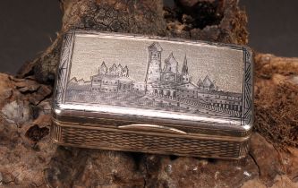 A 19th century Russian silver and enamel rectangular snuff box, decorated with topographical scenes,